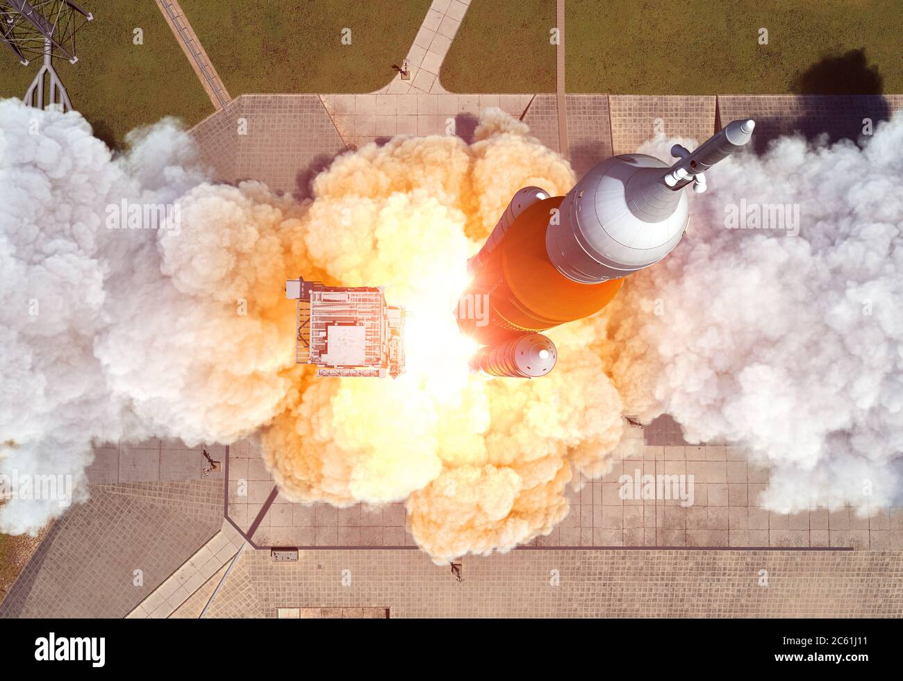 Lanzamiento del sistema de lanzamiento de Heavy Carrier Rocket Space . Vista aérea. Foto de stock