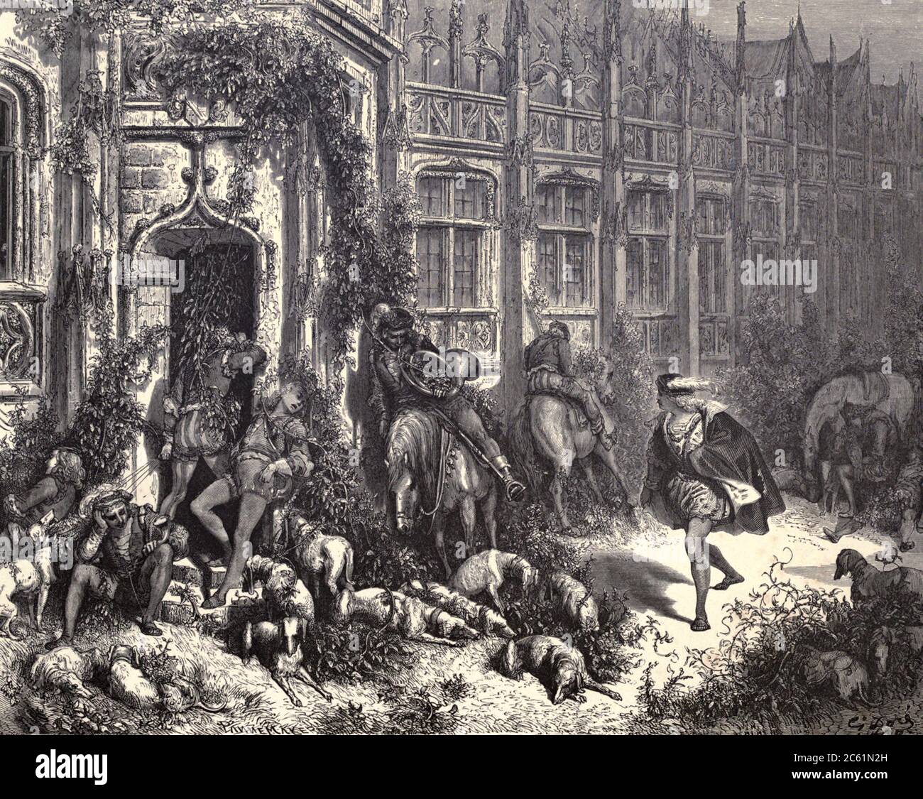 Los Cazadores Audaces Volvieron De Hacer Deporte Ronquidos Cuernos A Labios Ilustracion De La Belleza Durmiente De Paul Gustave Dore 12 18 El Principe Se Encuentra Con Todos En Los Terrenos Del Castillo