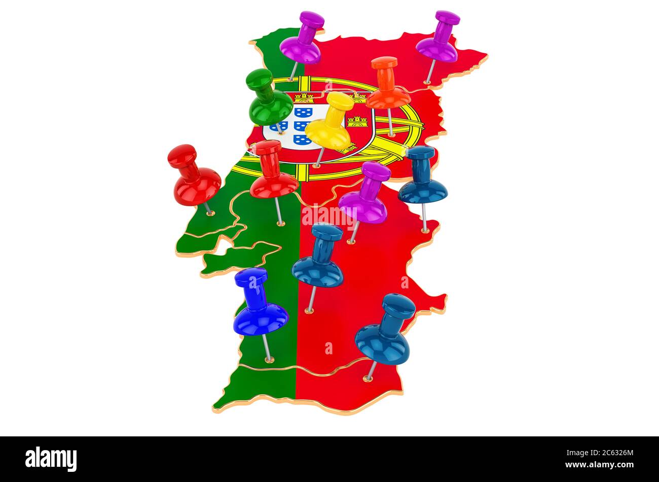 Mapa de Portugal con chinchetas de colores, representación en 3D aislada sobre fondo blanco Foto de stock