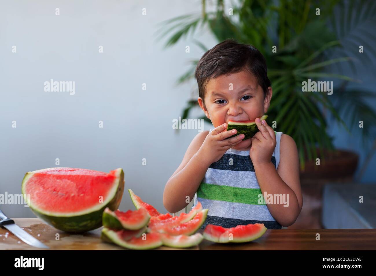 Niño tomando una mordedura de una rebanada de sandía que sostiene en la boca durante el verano. Foto de stock