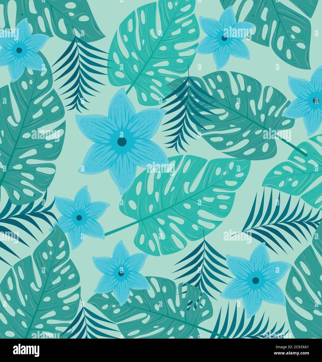 fondo tropical, flores de color azul y plantas tropicales, decoración con  flores y hojas tropicales Imagen Vector de stock - Alamy