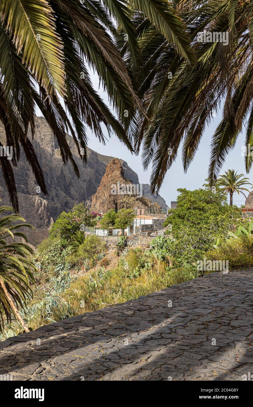 Los caminos a través del pueblo normalmente ocupado con turistas visitantes están vacíos después de la encinta covid 19, Masca, Tenerife, Islas Canarias Foto de stock