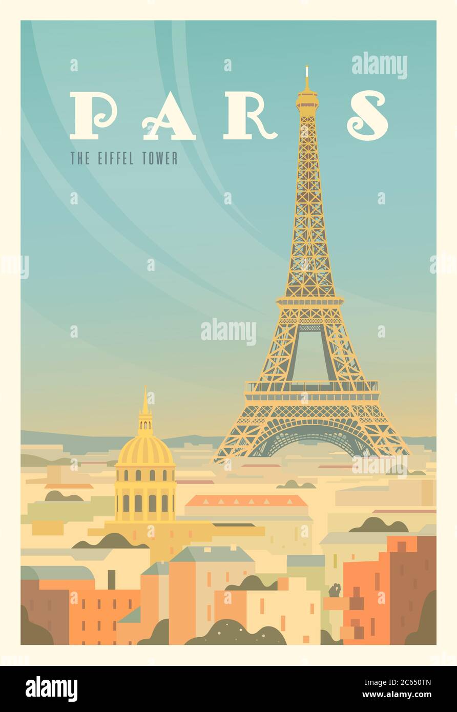 La Torre Eiffel, los árboles. Tiempo de viajar. En todo el mundo. Póster vector calidad. Francia. Ilustración del Vector