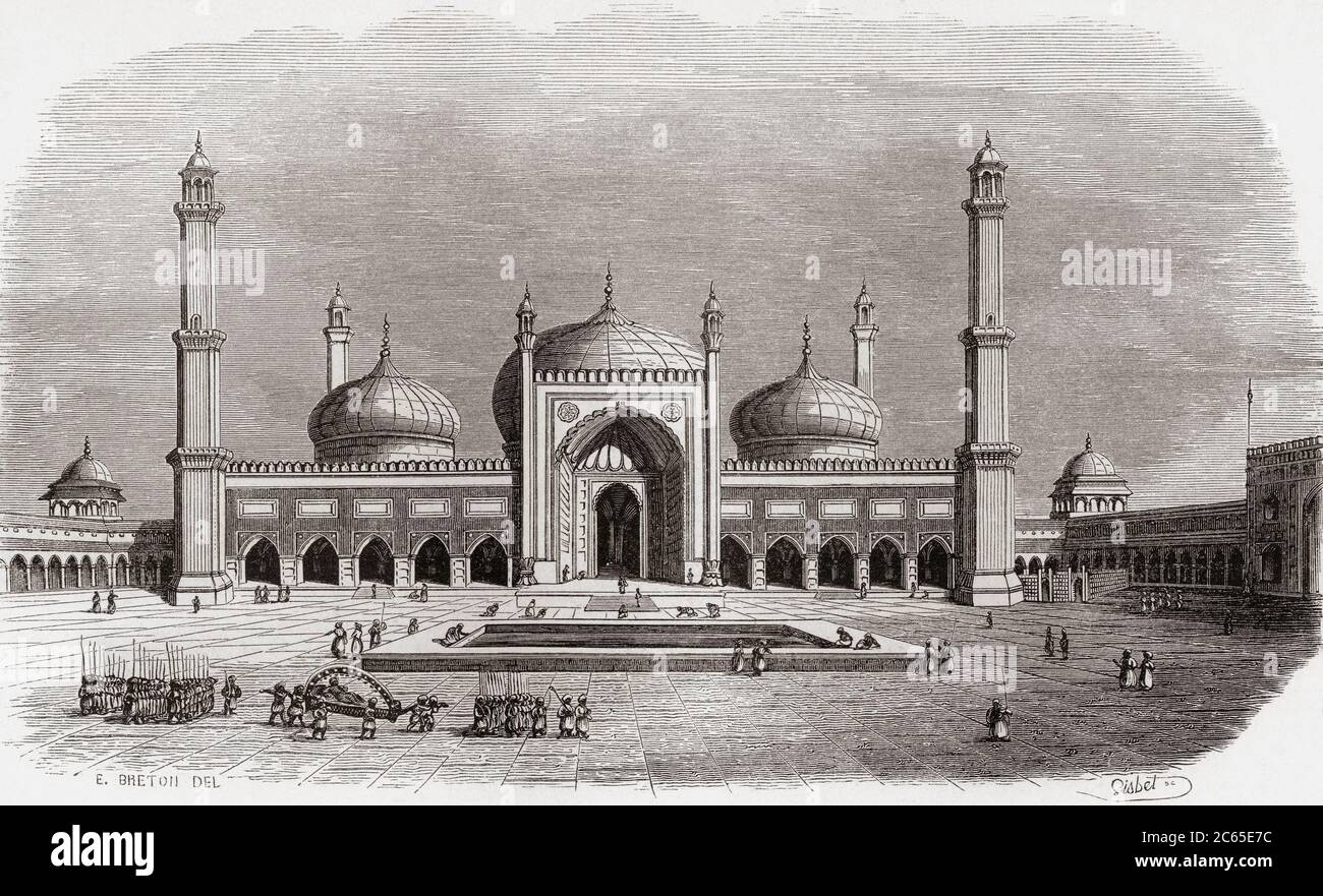 El Masjid-i Jehan Numa, comúnmente conocido como el Jama Masjid de Delhi, una de las mezquitas más grandes de la India, visto aquí en el siglo 19. De Monumentos de Tous les Peuples, publicado en 1843. Foto de stock