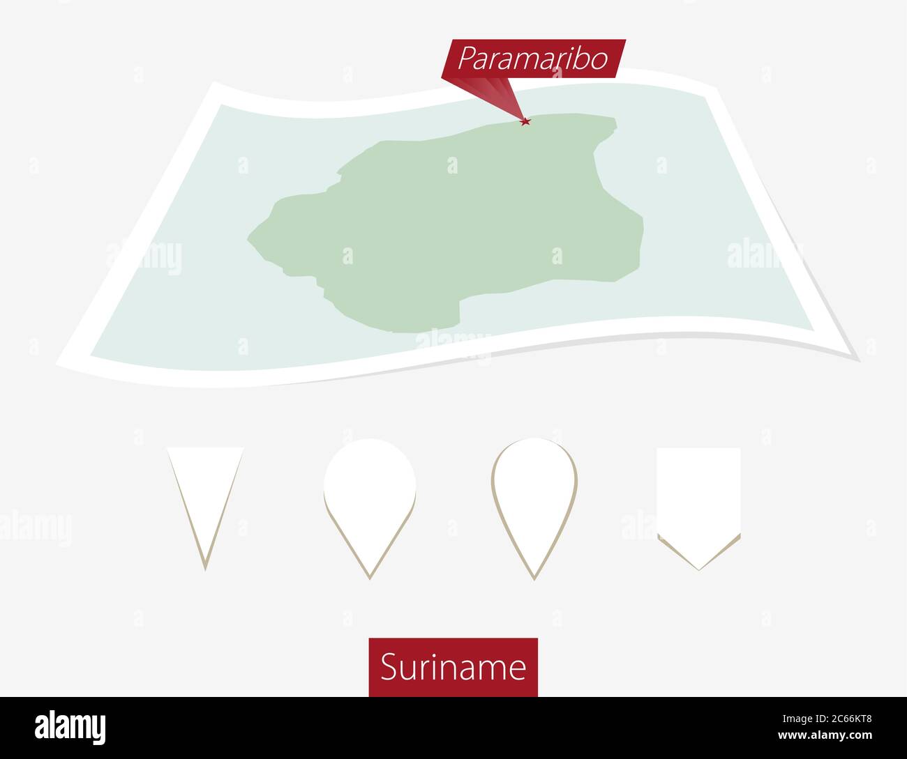 Mapa curvo de Suriname con capital Paramaribo sobre fondo gris. Cuatro juegos de pasadores de mapa diferentes. Ilustración vectorial. Ilustración del Vector