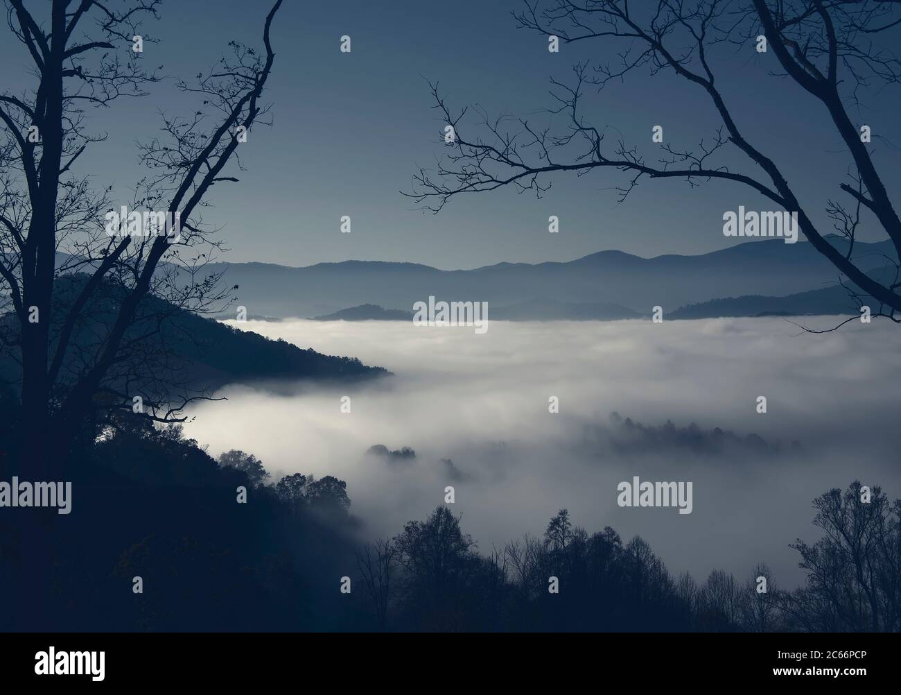 Niebla rodando en el valle de las montañas de Carolina del Norte. Foto de stock