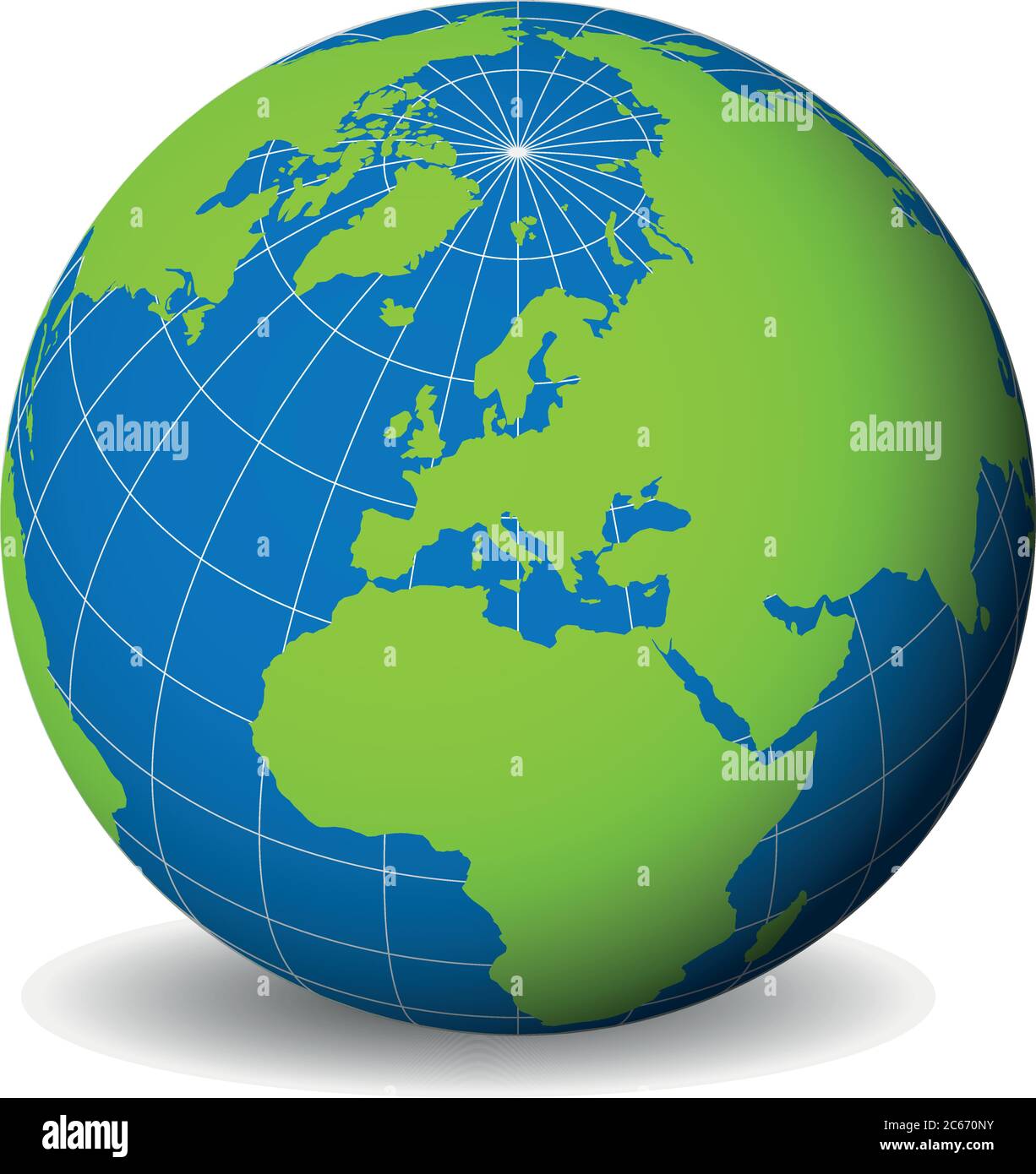 Globo terráqueo con mapa del mundo verde y mares azules y océanos centrados  en Europa. Con meridianos blancos y paralelos. Ilustración de vectores 3D  Imagen Vector de stock - Alamy
