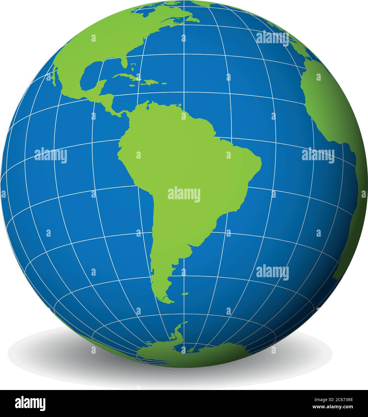 Globo terráqueo con mapa del mundo verde y mares azules y océanos centrados  en Sudamérica. Con meridianos blancos y paralelos. Ilustración de vectores  3D Imagen Vector de stock - Alamy