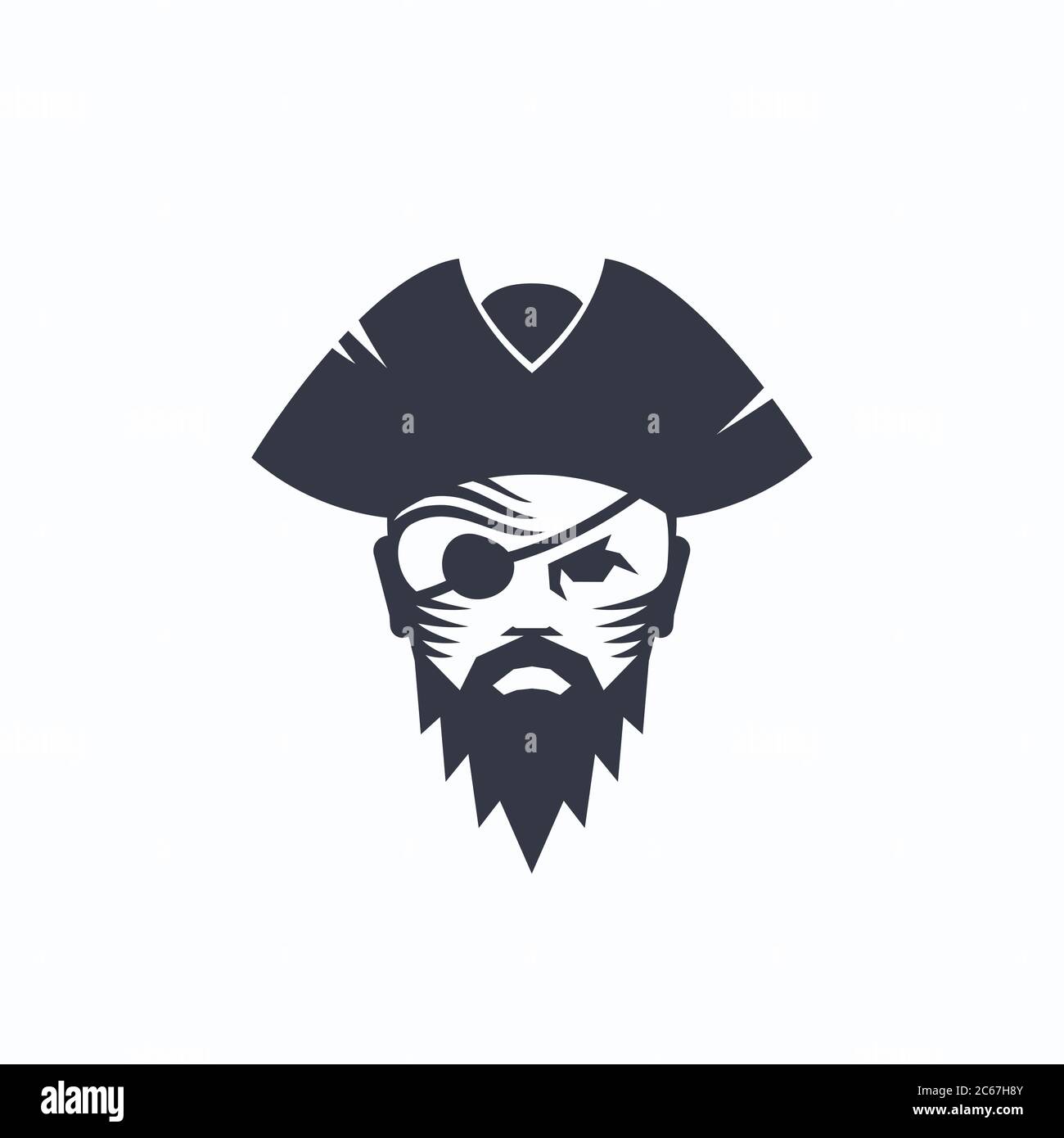 Plantilla de logotipo de vector abstracto de cabeza pirata. Cara de marinero con un parche de ojo en una ilustración de sombrero. Símbolo de Corsair. Ilustración del Vector