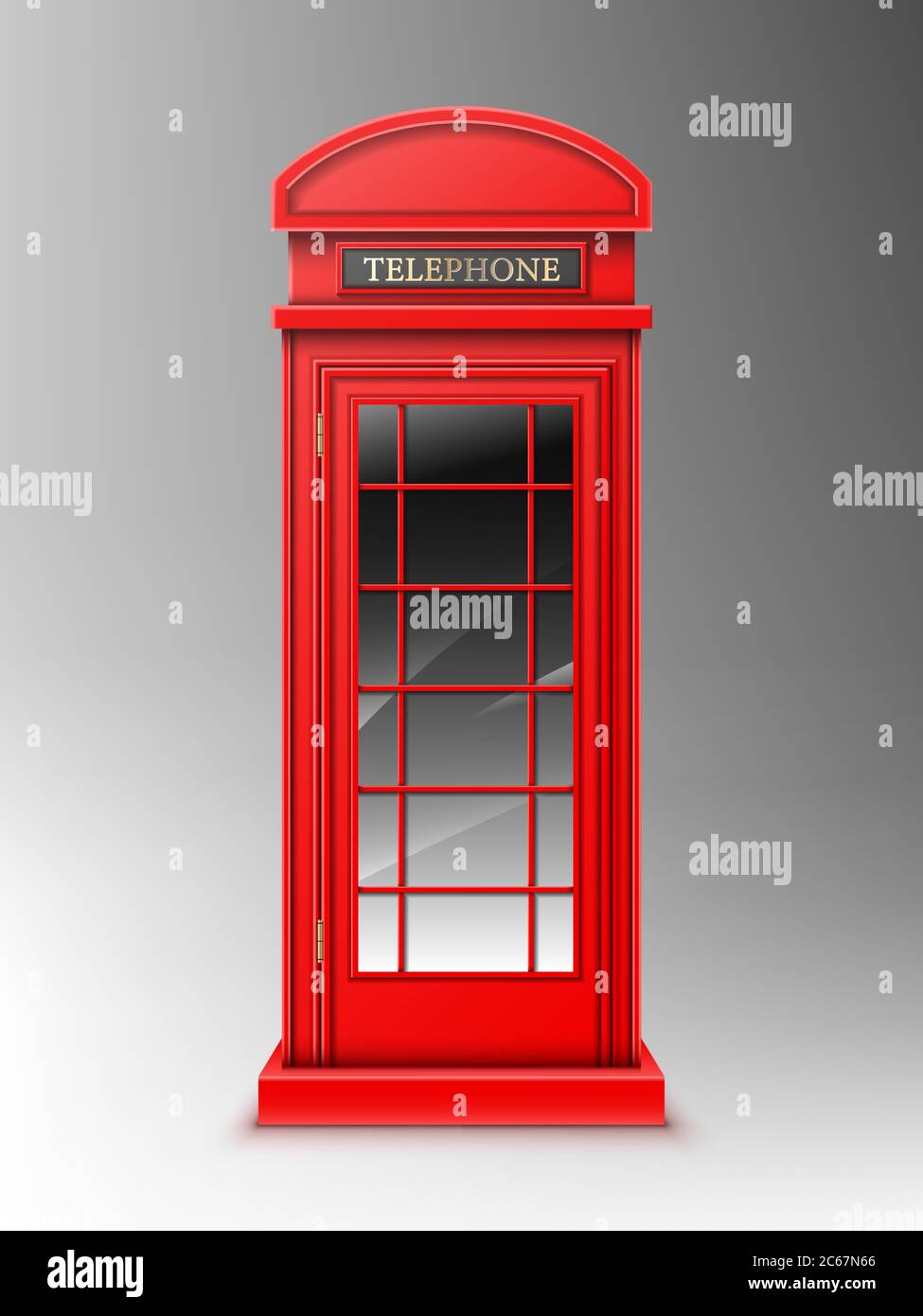 Cabina de teléfono rojo vintage, clásica caja de teléfono retro de Londres. Cabina pública cercana para charlas y comunicación, Reino Unido diseño aislado sobre fondo gris. Ilustración de vectores 3d realista Ilustración del Vector