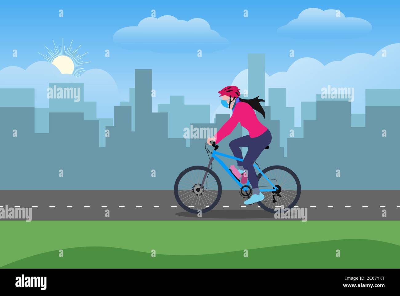 Una chica con máscara y guantes en bicicleta en un carril bici en un área  urbana vector ilustración plano de diseño Imagen Vector de stock - Alamy