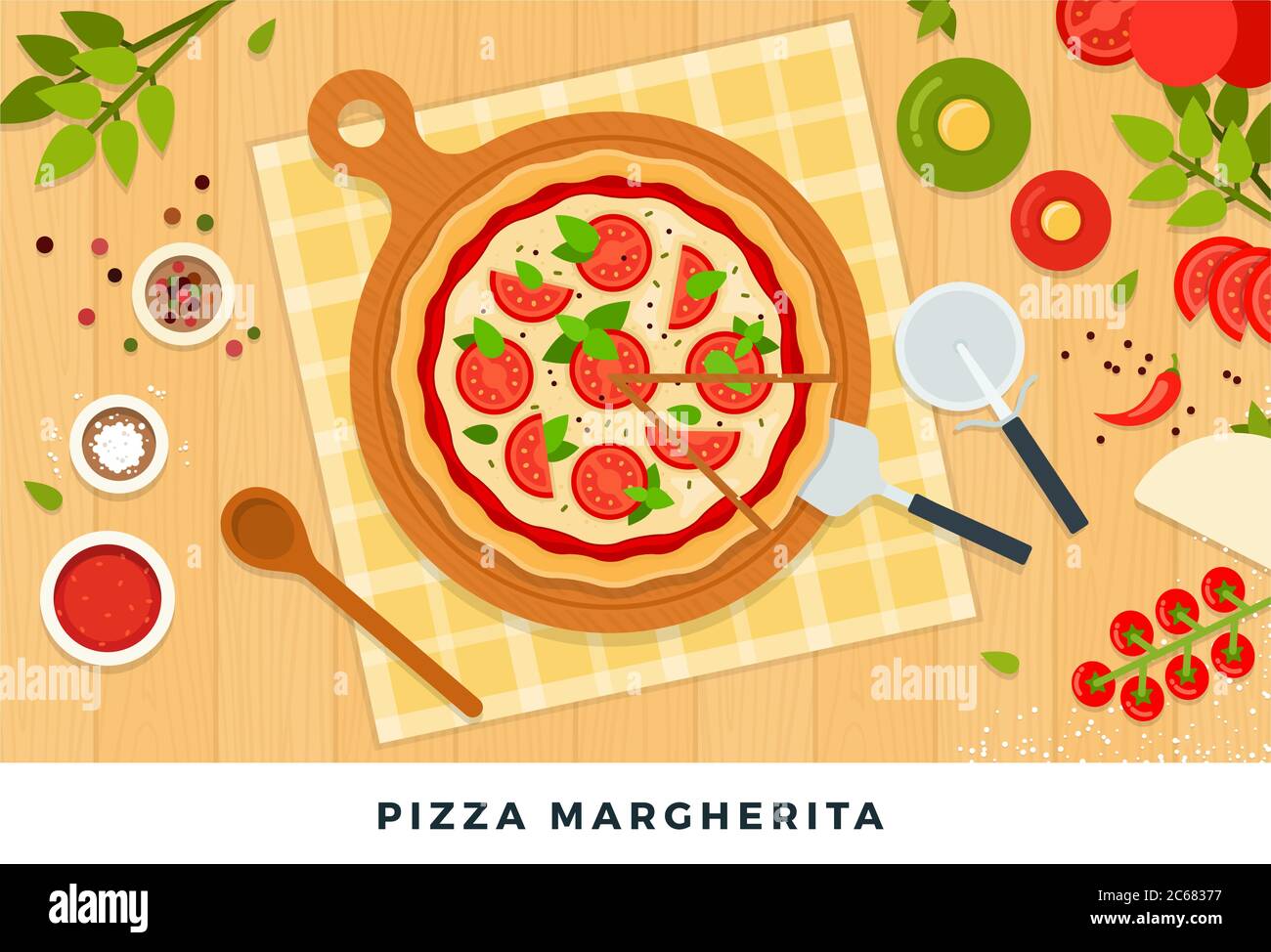 Pizza margherita con mozzarella, tomates e ingredientes para su preparación. Ilustraciones planas vectoriales. Ilustración del Vector