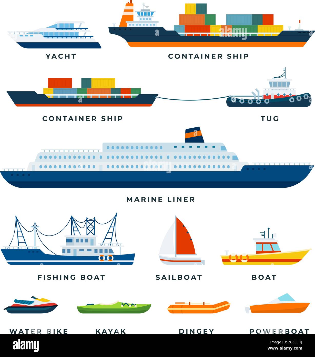 Juego de embarcaciones, barco, yate, vela plana vector ilustración. Ilustración del Vector