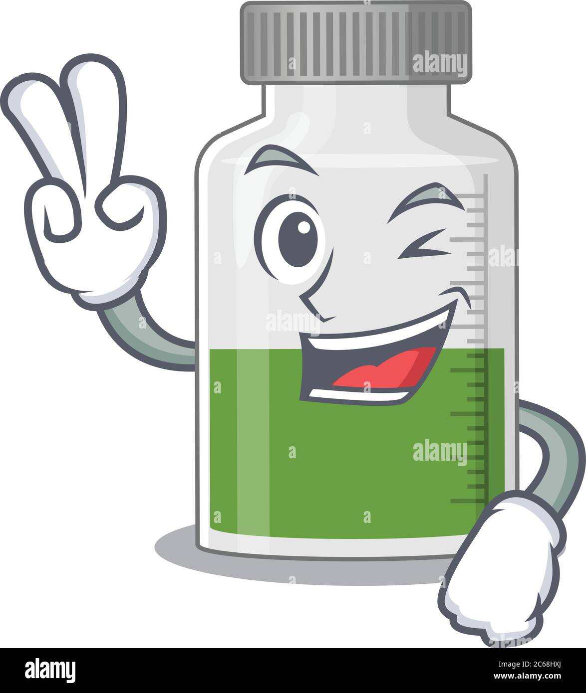 Feliz jarabe de vitamina diseño de dibujos animados muestran dos dedos  Imagen Vector de stock - Alamy