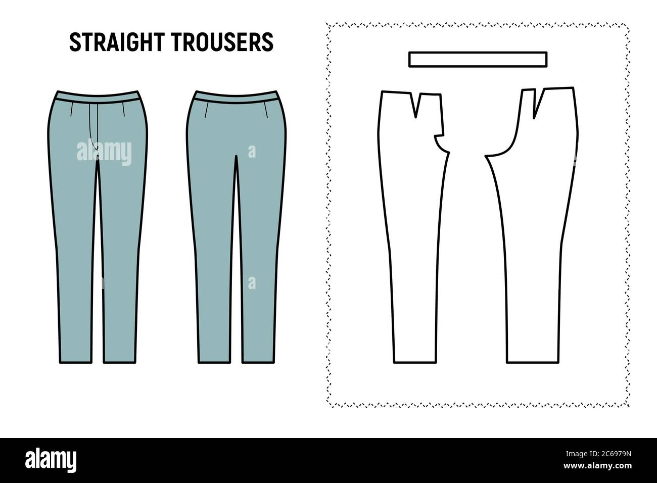 Pantalones rectos para mujer. Pantalones vector patrón para personalizar. Ilustración y croquis diseño técnico Imagen Vector de stock -