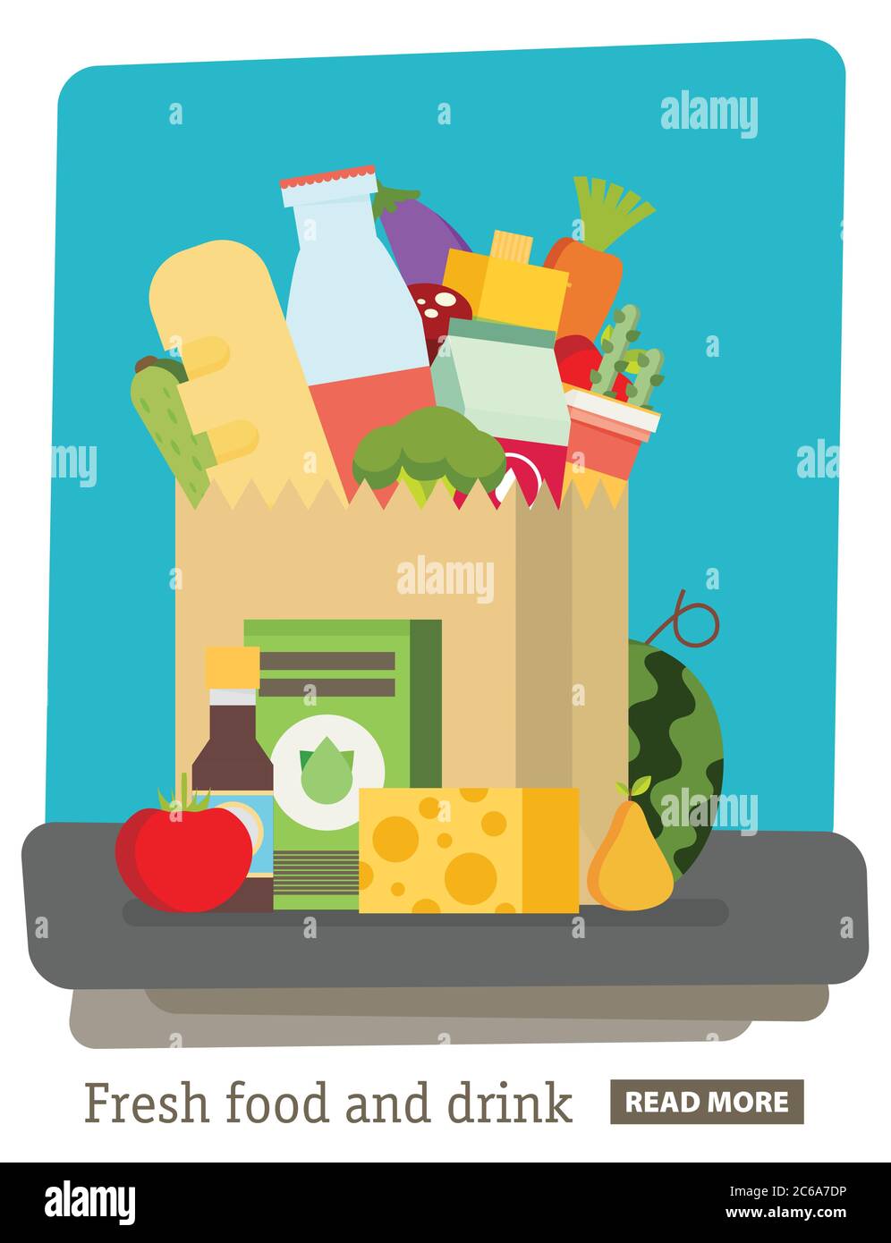 Diseño plano ilustración vectorial de colores Bolsa de papel, paquete con productos alimenticios y bebidas. Verduras, pan, productos lácteos. Ilustración del Vector