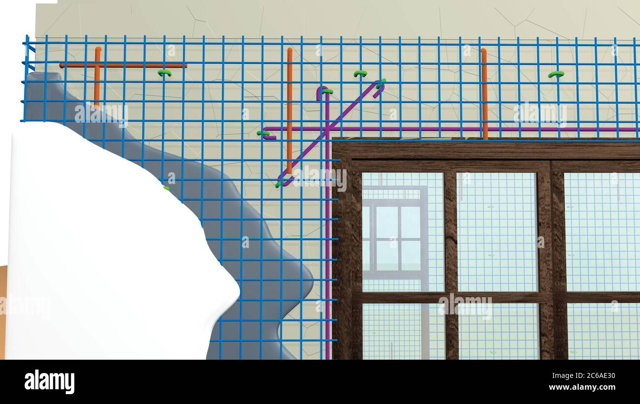Detalle de la esquina de una casa mostrando los elementos utilizados para reforzar las paredes con malla metálica. Ilustración 3D Foto de stock