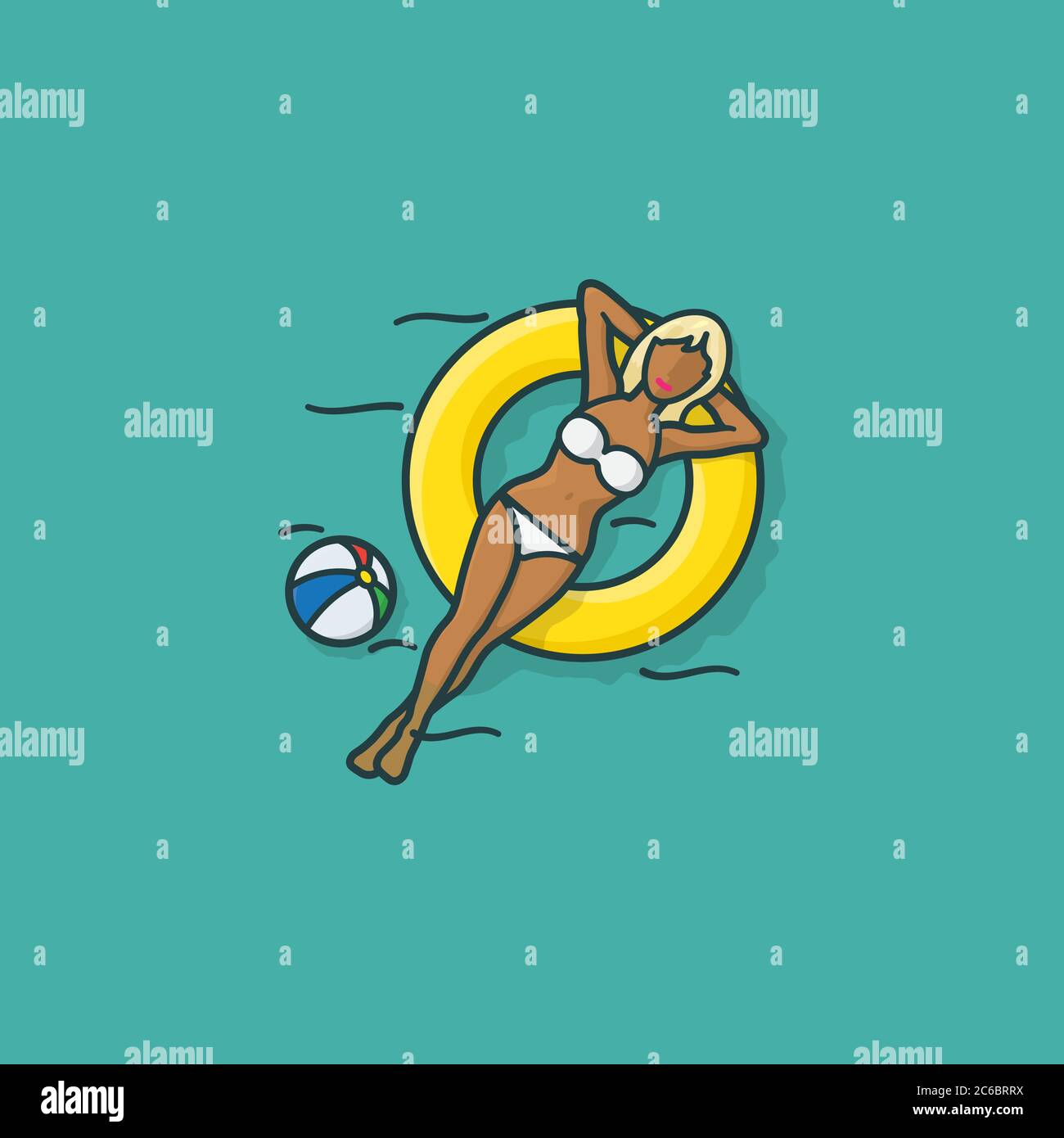 Niña bronceada relajándose en flotar en la piscina vector ilustración para el día de la piscina el 11 de julio. Símbolo de verano y relajación. Ilustración del Vector