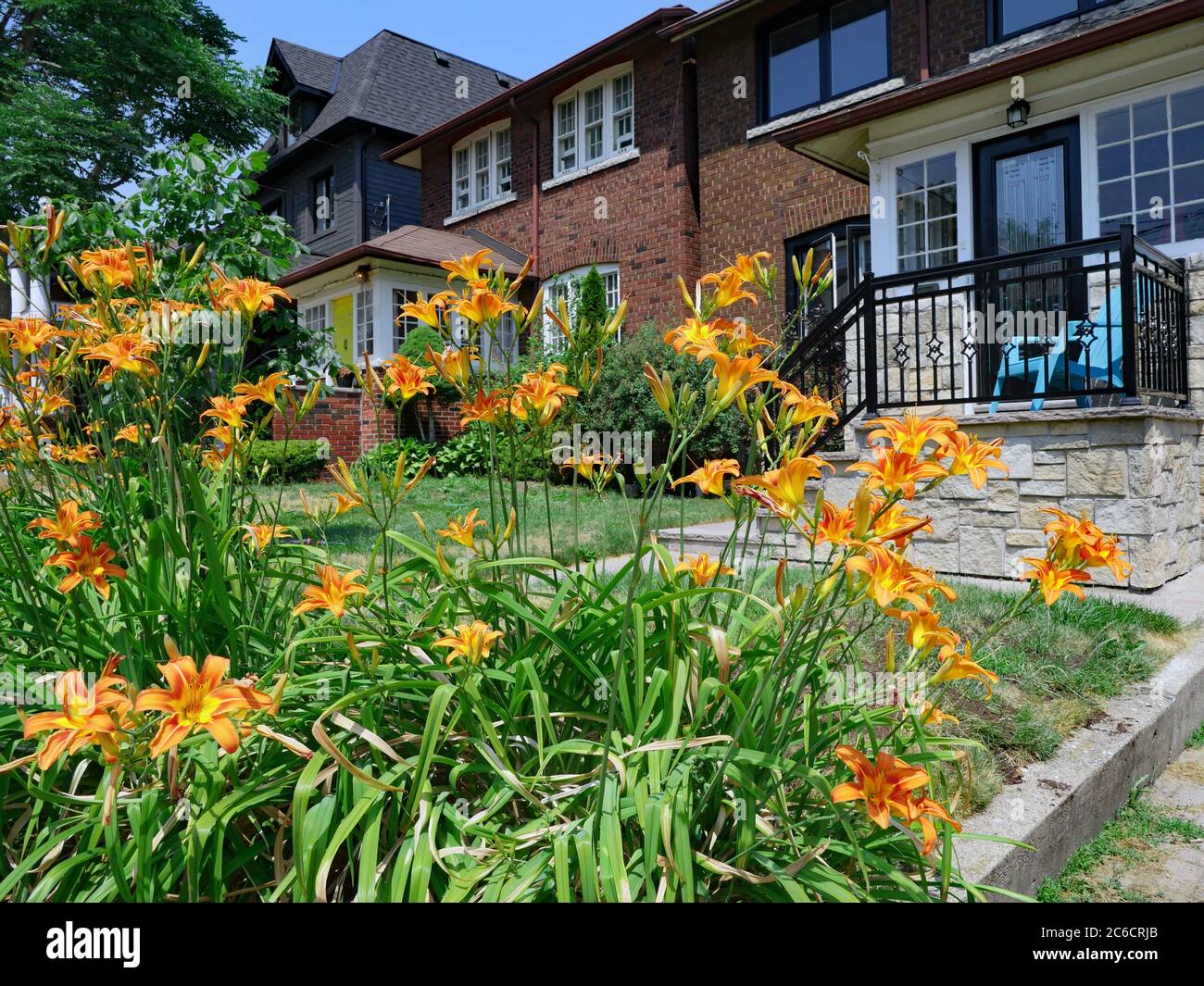 Calle con dos casas de dos pisos y flores coloridas en el patio delantero Foto de stock