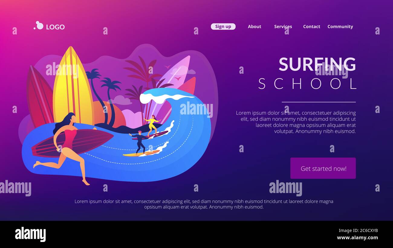 Página de aterrizaje del concepto de escuela de surf. Ilustración del Vector