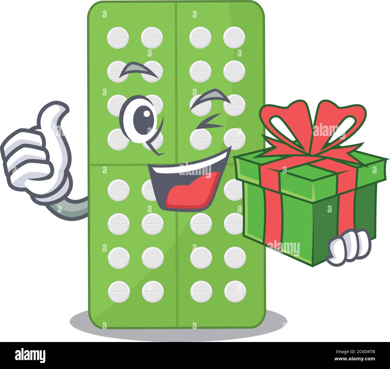 Pastillas de medicina concepto de personaje de dibujos animados con una  gran caja de regalo Imagen Vector de stock - Alamy
