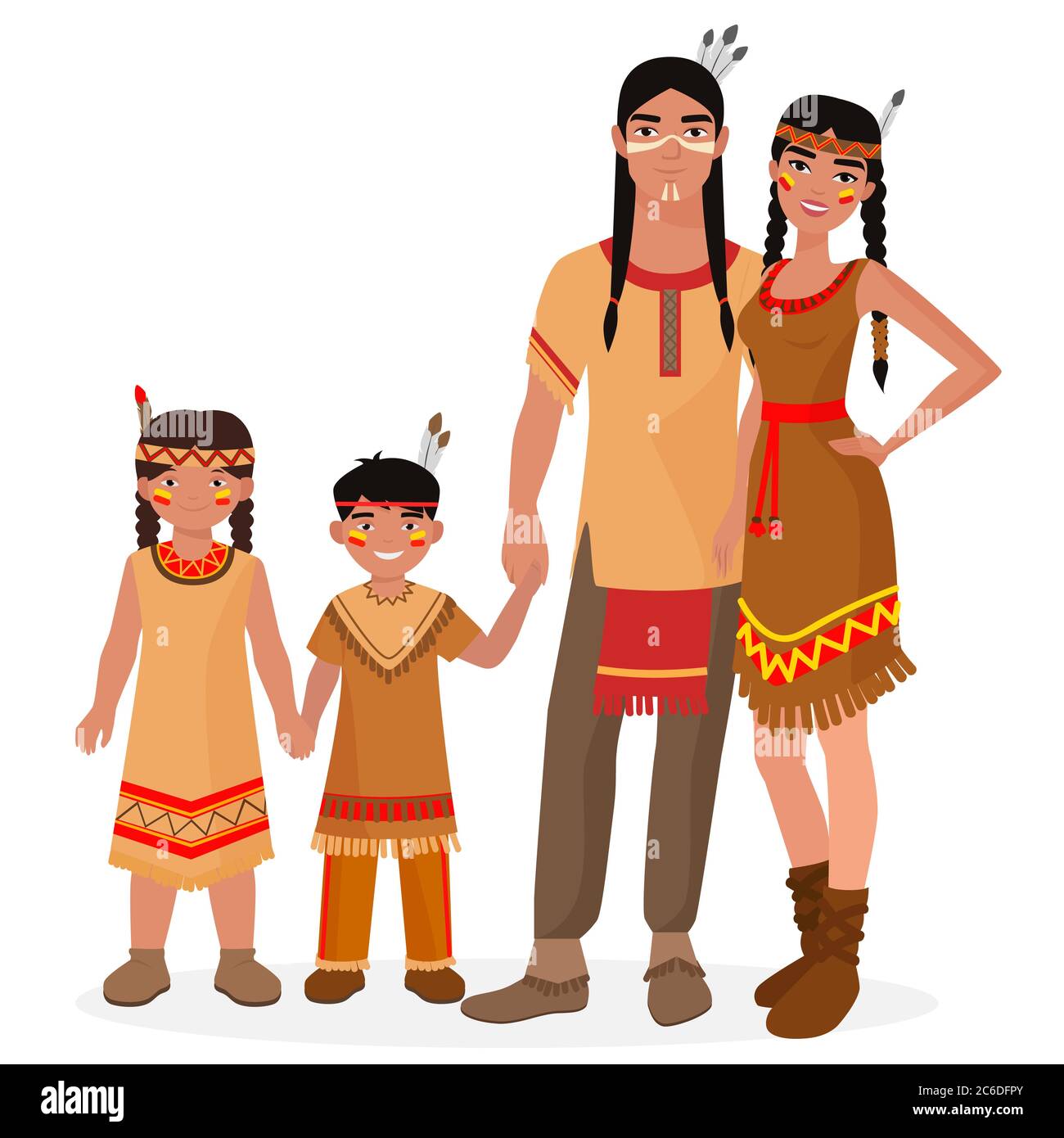 Familia India tradicional nativa americana. Hombre y mujer indios americanos. Niño y niña de la India americana. Gente Apache Ilustración del Vector