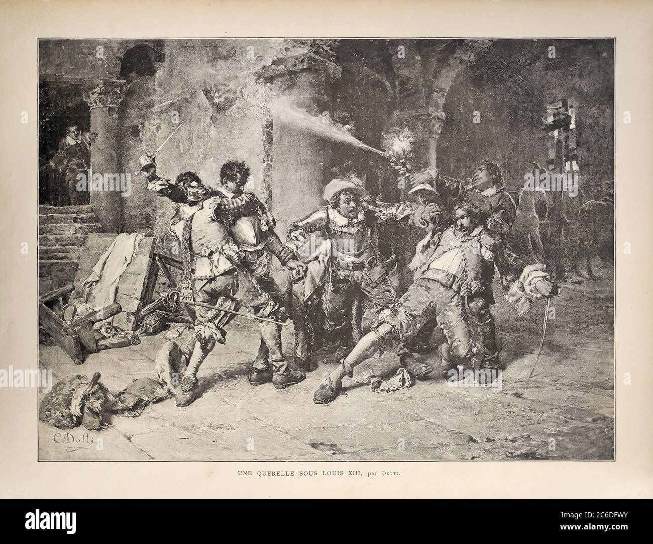 Ilustración de una pelea entre hombres titulada 'une querelle sous Louis XIII' de Cesare Detti publicado en 1885 en la revista mensual 'Paris illustrr Foto de stock