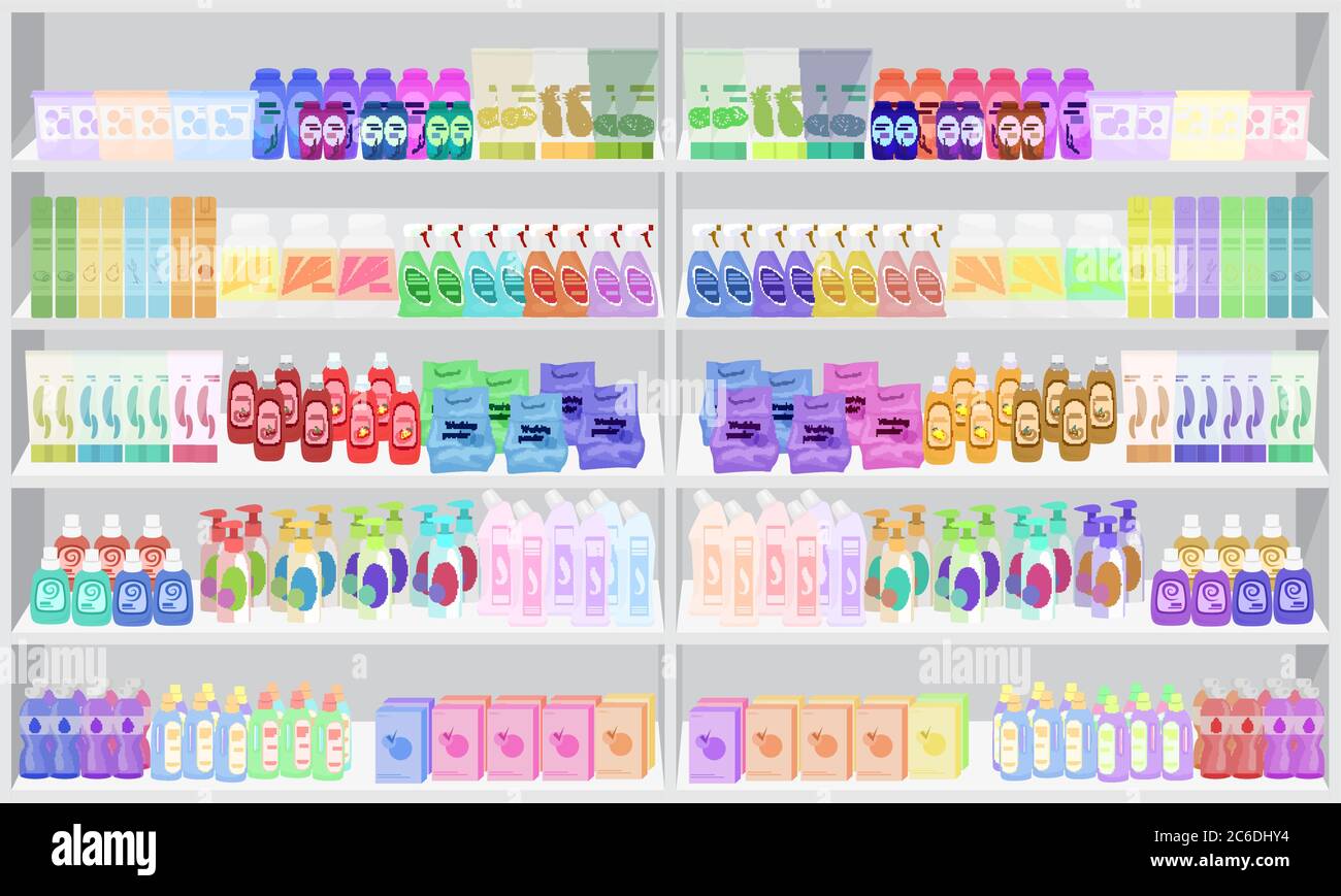 Tienda de supermercados estanterías con productos químicos para el hogar Ilustración del Vector