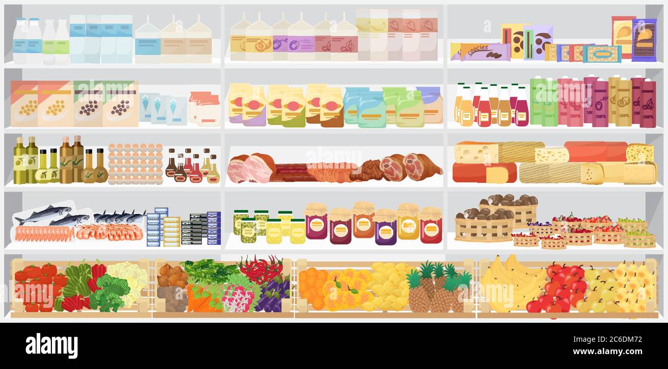 Tienda supermercado estantes estantes con productos. Ilustración vectorial Ilustración del Vector