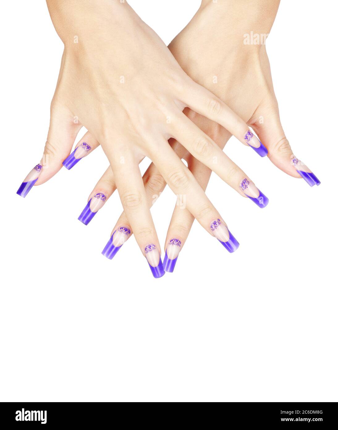 Manos con uñas acrílicas azules francesas manicura y pintura aisladas sobre  fondo blanco Fotografía de stock - Alamy