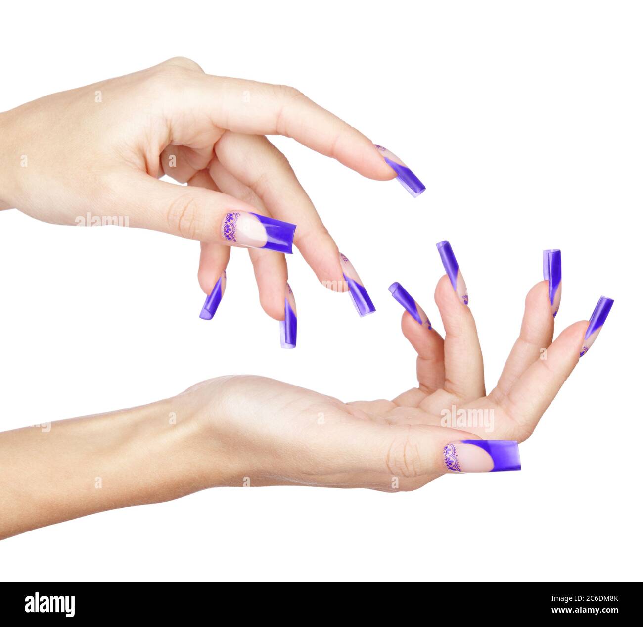 Manos con uñas acrílicas azules francesas manicura y pintura aisladas sobre  fondo blanco Fotografía de stock - Alamy