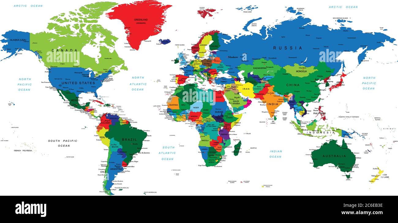 Mapa del mundo con gran detalle con países, grandes ciudades y otras etiquetas. Ilustración del Vector