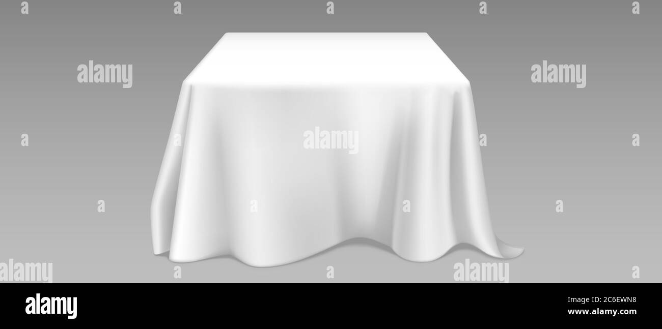 Mantel blanco sobre mesa cuadrada. Vector realista de la mockup de mesa de  comedor vacía con tela de lino blanco con cortinas para el banquete,  restaurante, evento de vacaciones o cena. Plantilla