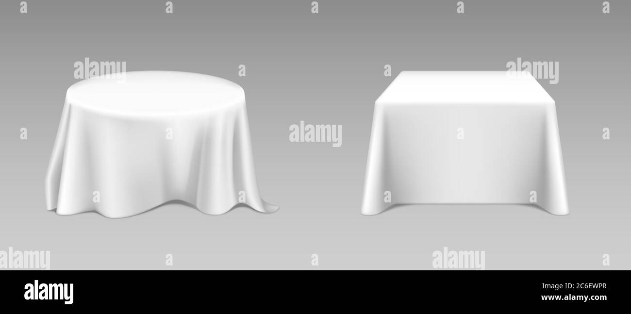 Mantel blanco en mesas cuadradas y redondas. Vector realista de la mockup  de mesa de comedor vacía con tela de lino blanco con cortinas para el  restaurante de banquete, evento de vacaciones