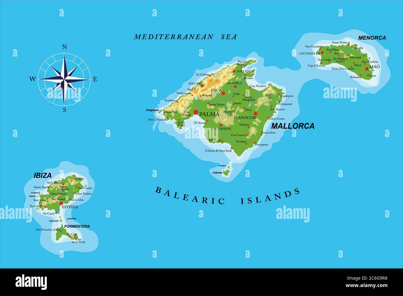 Islas Baleares Mapa físico muy detallado, en formato vectorial, con todas  las formas de relieve, regiones y grandes ciudades Imagen Vector de stock -  Alamy
