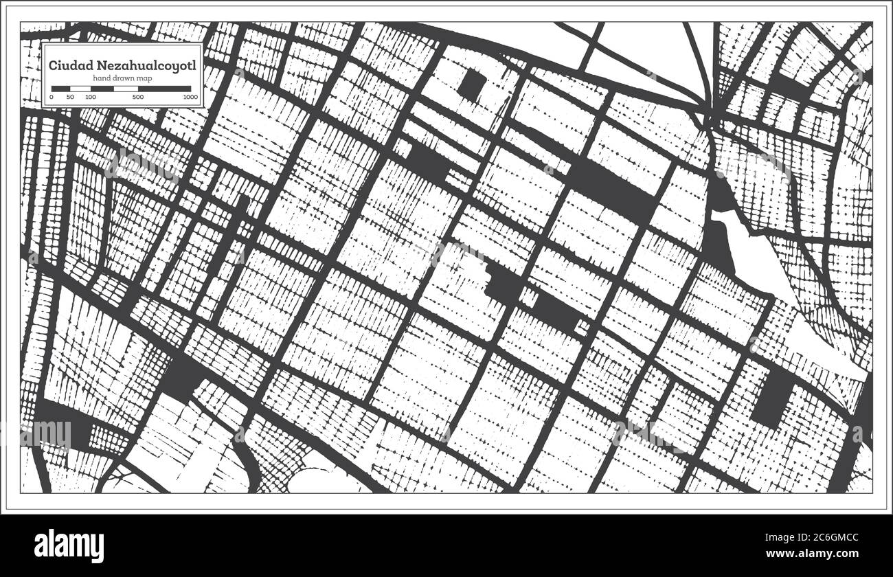 Ciudad Nezahualcoyotl México Mapa de la ciudad en Blanco y Negro Color en estilo retro. Mapa de