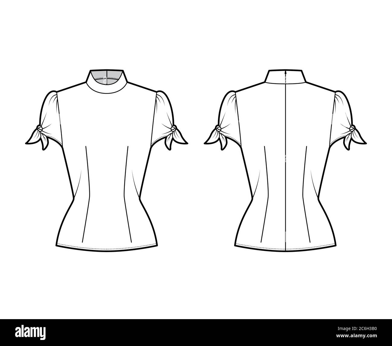 Blusa calado anudado ilustración técnica de moda con cuello alto, mangas hinchadas, cierre con cremallera en la parte posterior. Plantilla ropa frontal, parte posterior color blanco. Mujeres hombres unisex