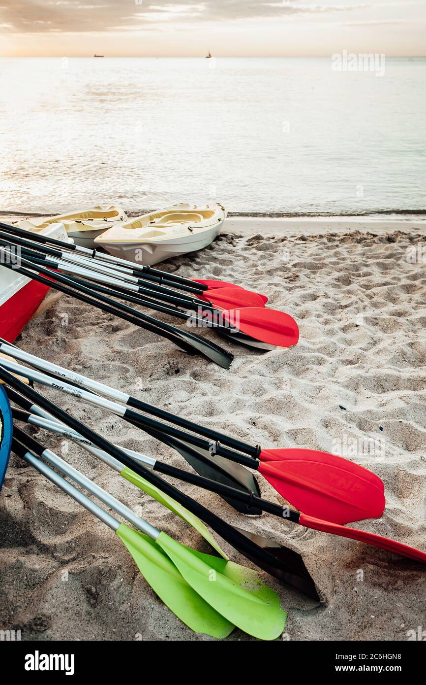 Kayaks de mar atados en el agua Foto de stock