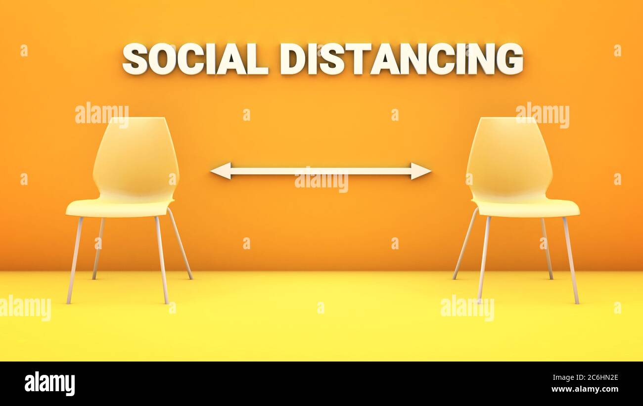 Concepto de distanciamiento social con dos sillas separadas en una habitación amarilla. Palabras y flechas en la pared. Renderizado en 3D Foto de stock
