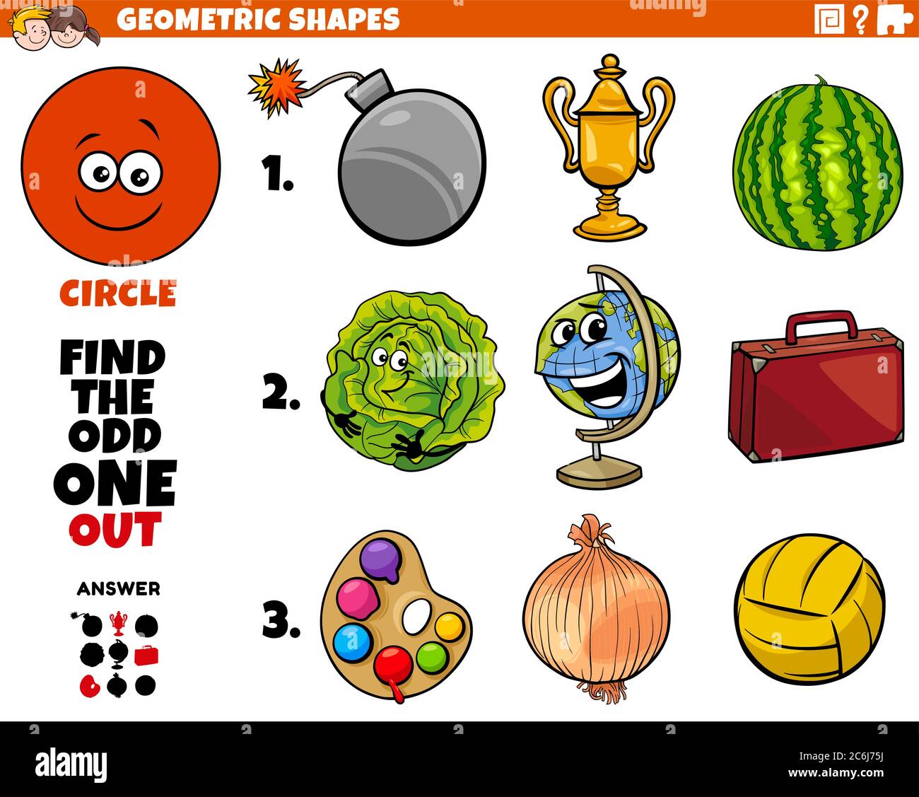 Dibujo de dibujos animados de forma geométrica de círculo Educativa Odd OBE  fuera de tarea para niños Imagen Vector de stock - Alamy