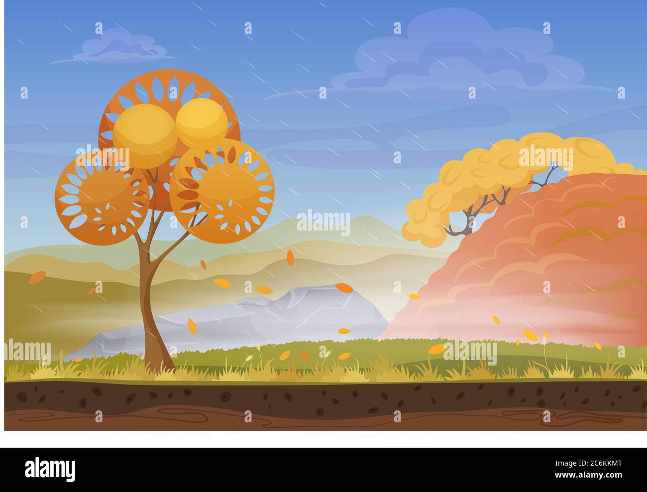Dibujos animados naturaleza otoño paisaje en tormenta lluvia viento frío día con hierba, árboles, cielo nublado y montañas colinas. Ilustración de estilo de juego vectorial. Antecedentes para juegos Imagen Vector de stock - Dibujos animados naturaleza otoño paisaje en tormenta lluvia viento frío día con hierba, árboles, cielo nublado y montañas colinas. Ilustración de estilo de juego vectorial. Antecedentes para juegos Imagen Vector de stock -