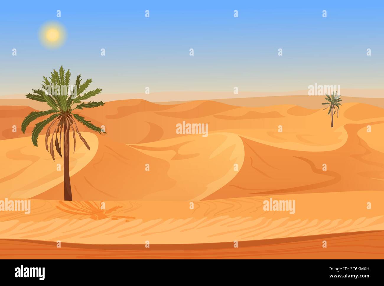 Dibujos animados naturaleza arena desierto paisaje con palmeras, hierbas y montañas. Vector ilustración de estilo de juego sin costuras Ilustración del Vector