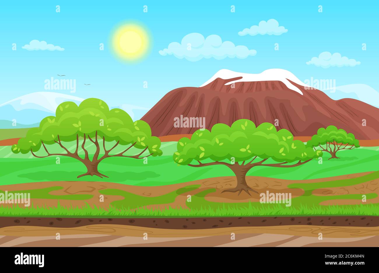Dibujos animados naturaleza primavera verano paisaje en día de sol con hierba, árboles, cielo nublado y montañas colinas. Vector Colorful ilustración de estilo de juego. Antecedentes para juegos Imagen Vector de stock - Dibujos animados naturaleza primavera verano paisaje en día de sol con hierba, árboles, cielo nublado y montañas colinas. Vector Colorful ilustración de estilo de juego. Antecedentes para juegos Imagen Vector de stock -