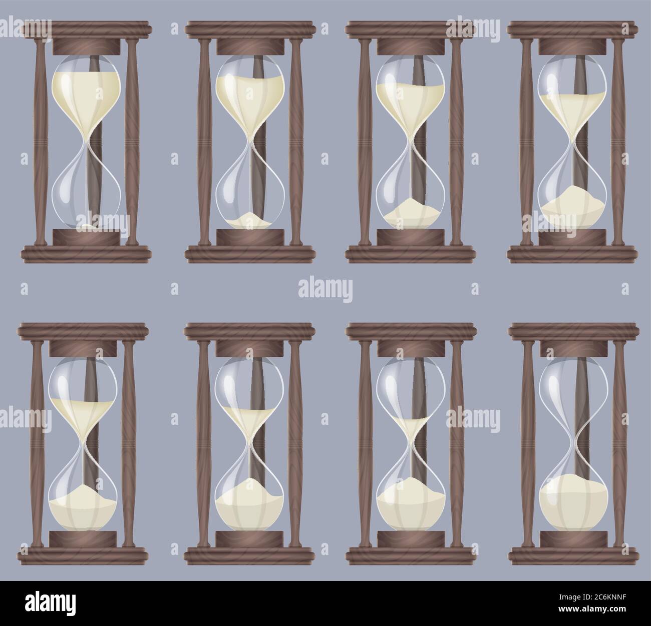 Conjunto de animación de iconos de cristal de arena. Reloj de arena, reloj de arena realista temporizador de proceso Ilustración del Vector