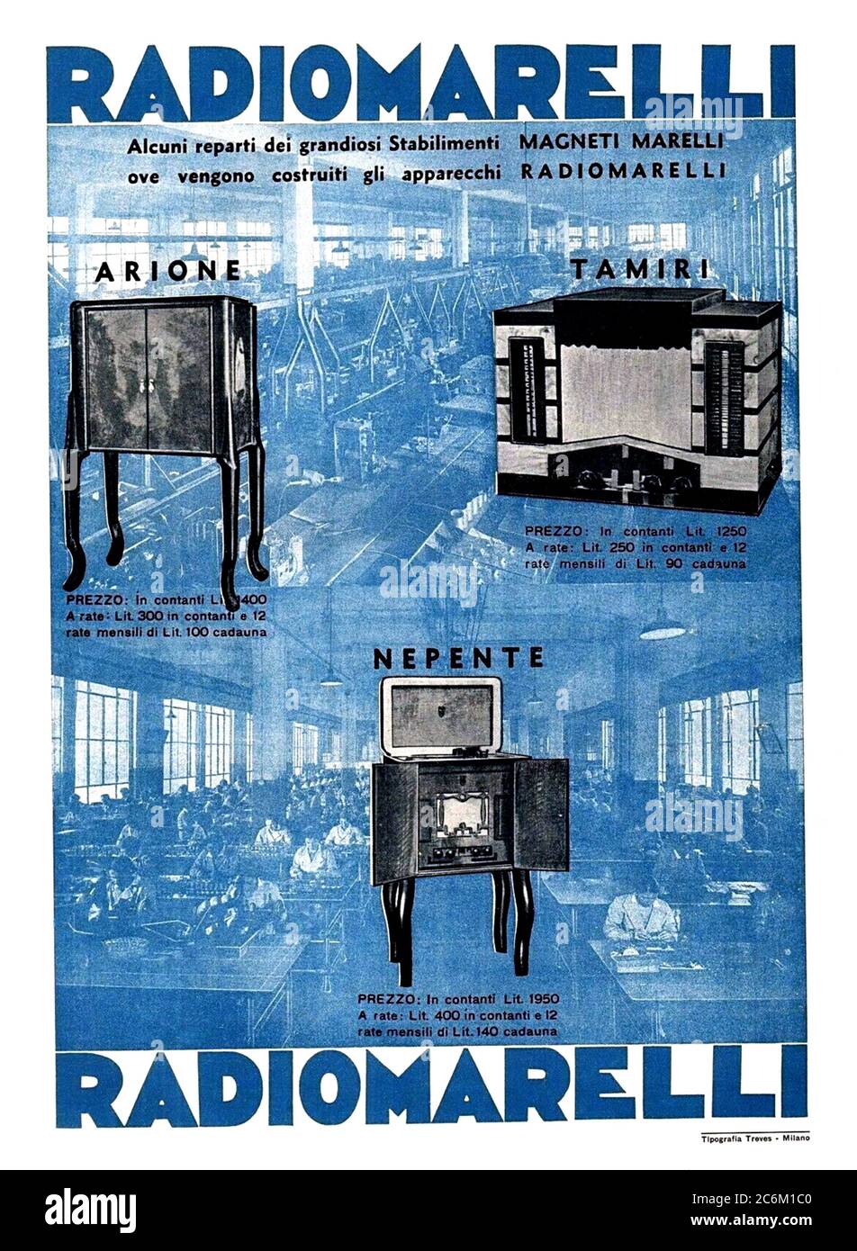 1935 , ITALIA : Publicidad para RADIOMARELLI por MARELLI factory , Milán . La fábrica se inauguró en 1929 desde el sector automovilístico GIOVANNI AGNELLI y Bruno Quintavalle (Presidente DE ERCOLE MARELLI), cerrada en 1975 . - RADIO APPARECCHIO - RADIO TRASMISSIONI RADIOFONICHE - FOTO STORICHE - MAGNETIMARELLI - MAGNETI MARELLI - HISTORIA - EIAR ( ENTE ITALIANO AUDIZIONI RADIOFONICHE ) - RADIOFONIA - TRASMISSIONI RADIOFONICHE - GRAFICA - GRÁFICO - ART DECÓ - NOVECENTO - 900's - '900 - SIGLO XX - ANNI TRENTA - 30's - '30 - locandina inserzione pubblicitaria - CARTEL - pubblicità - publicidad - manifiesto pubblic Foto de stock