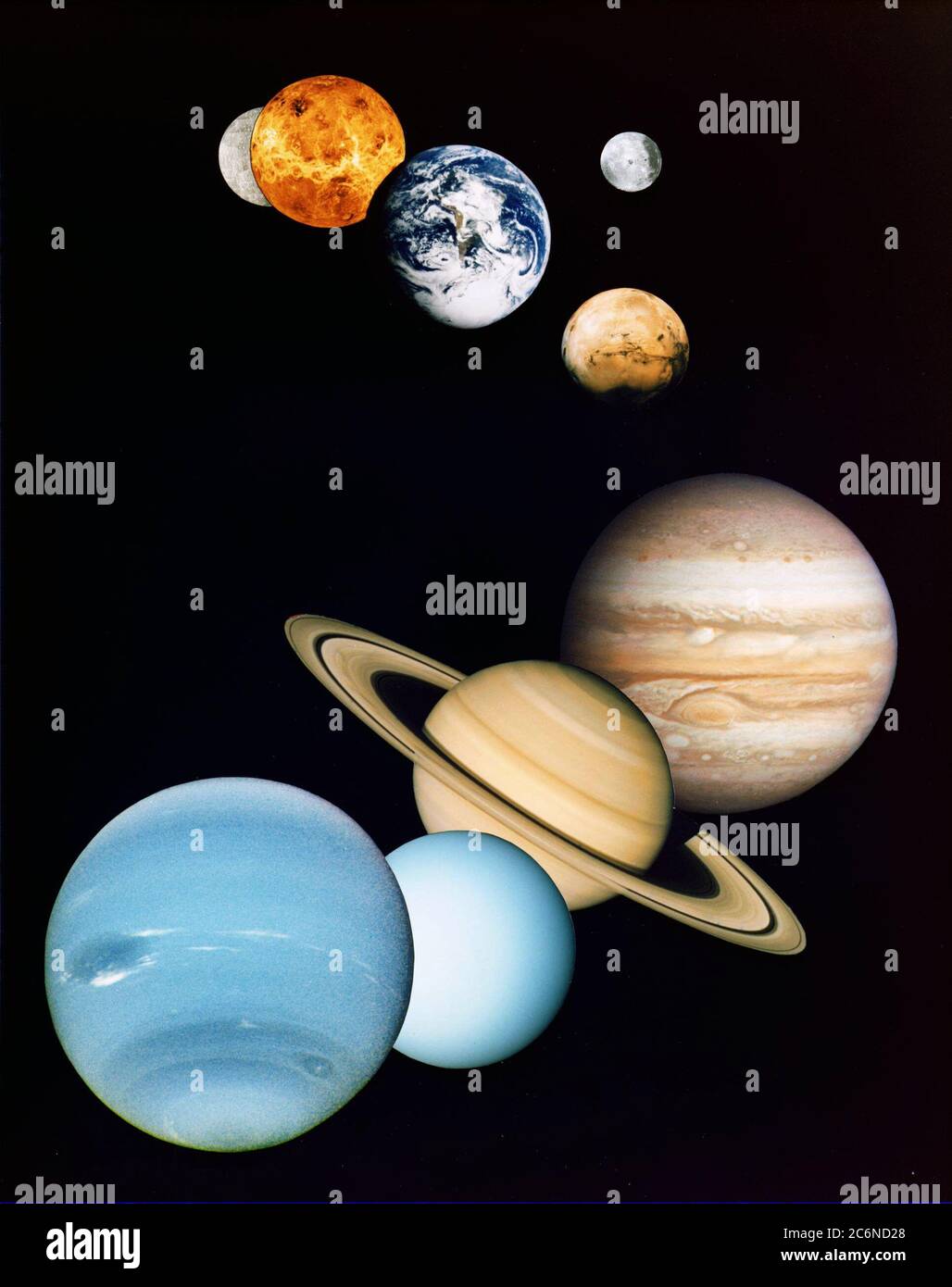Este es un montaje de imágenes planetarias tomadas por naves espaciales manejadas por el Laboratorio de Propulsión a Chorro de la NASA en Pasadena, CA. Se incluyen (de arriba a abajo) imágenes de Mercurio, Venus, Tierra (y Luna), Marte, Júpiter, Saturno, Urano y Neptuno ca. 1997 Foto de stock
