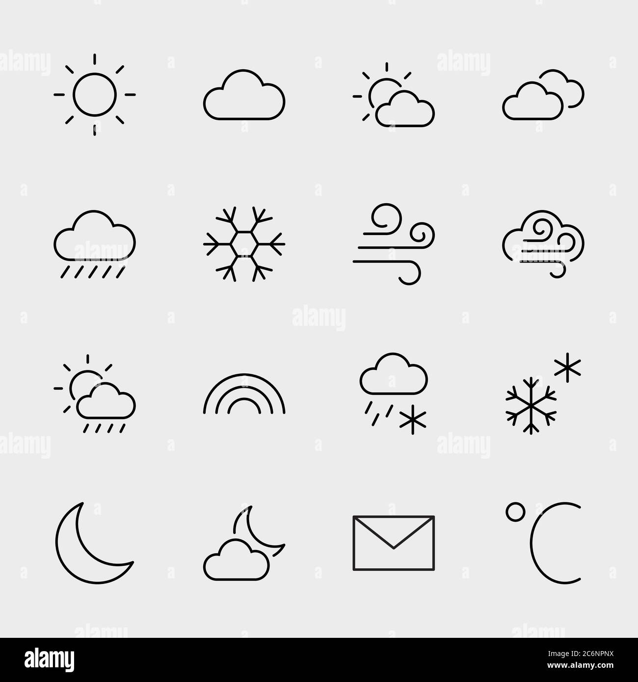Iconos de línea meteorológica. Sol, Nubes, copos de nieve, viento, Arco Iris,  Carrera editable de la Luna Imagen Vector de stock - Alamy