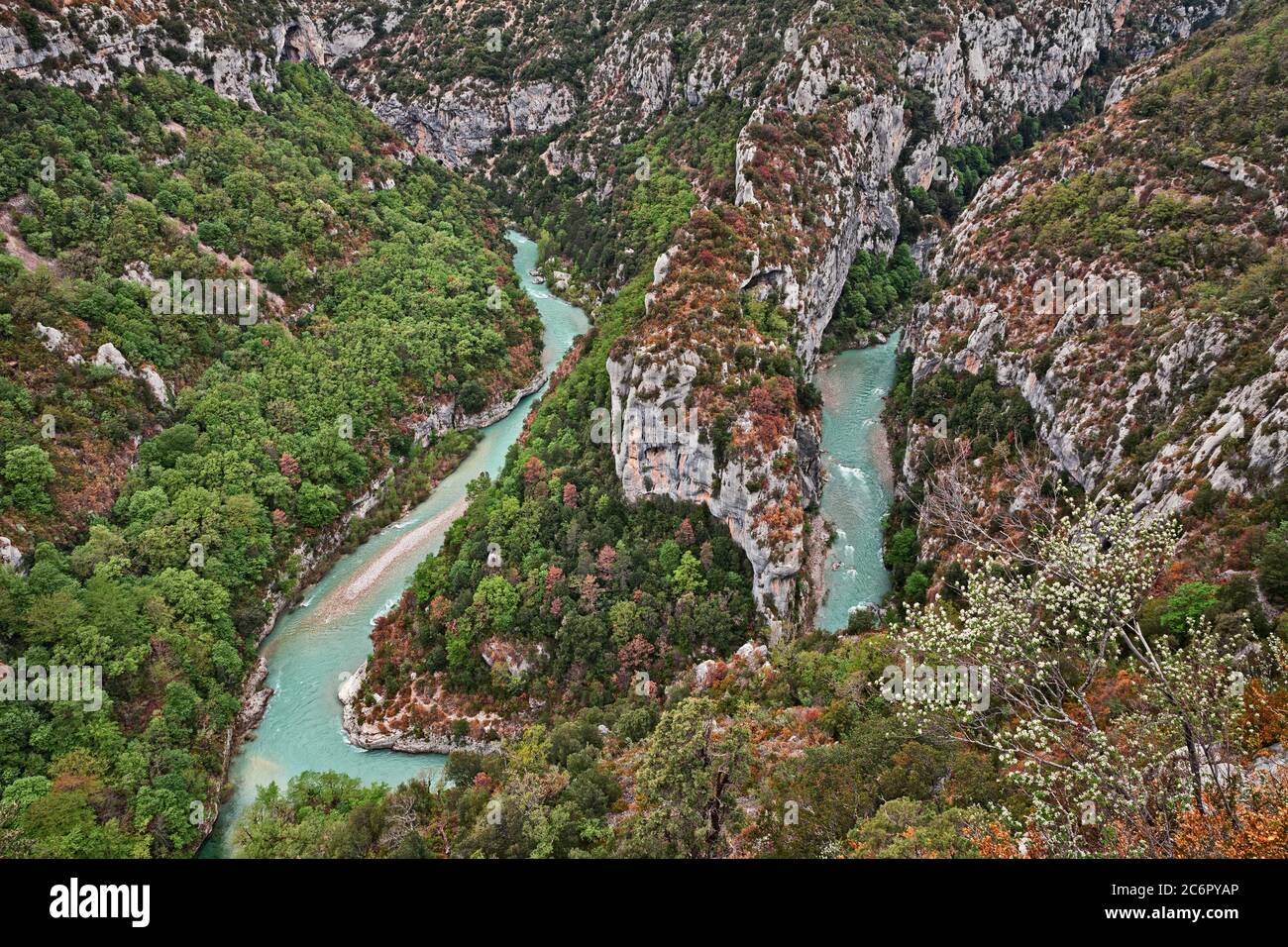 Garganta de Verdon, Provenza-Alpes-Costa Azul, Francia: Meandro del río en la frontera entre los municipios de Rougon, la Palud-sur-Verdon, Aiguin Foto de stock