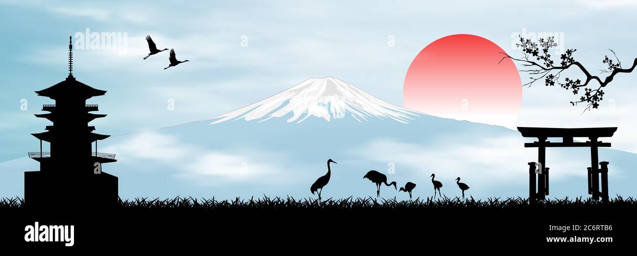 Paisaje con Monte Fuji. Sol naciente cielo azul. Pagoda japonesa, rama sakura, puerta y pájaros. Ilustración del Vector