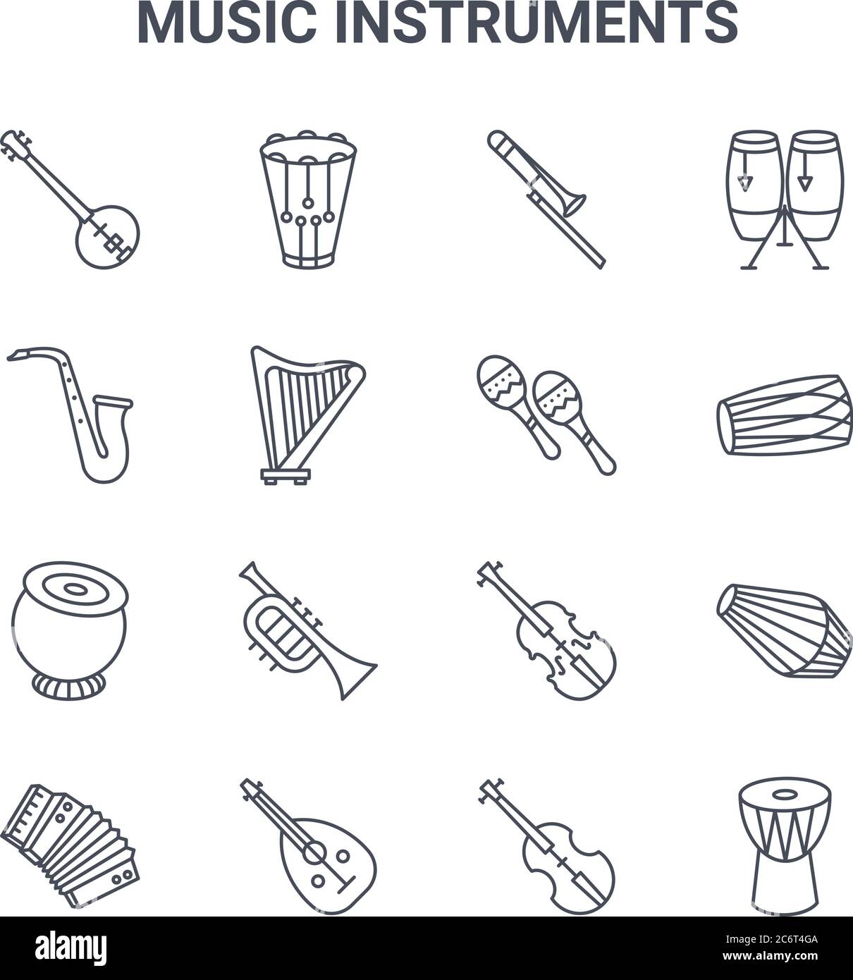 conjunto de 16 instrumentos de música concepto de iconos de línea  vectorial. iconos de trazos finos 64x64 como tambor de snare, saxofón,  dholak, violín, instrumento musical, djem Imagen Vector de stock - Alamy